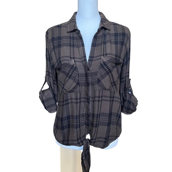Cloth & Stone Plaid Long Sleeve Button Front Long Sleeve Top Green Black Size S - Picture 1 of 10